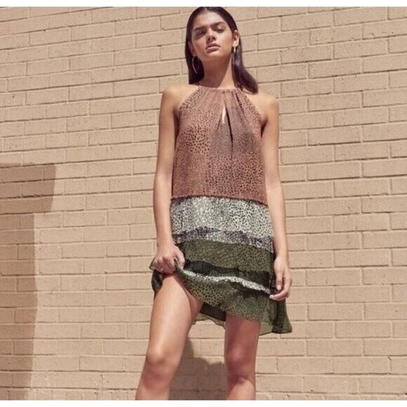 Ramy Brook Dresses & Skirts - Ramy Brook Leomi Silk SZ L Animal Print Tiered Ruffle Lined Sleeveless Dress NEW